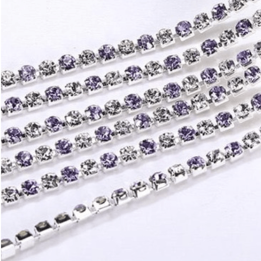 Sundaylace Creations & Bling SS6 Metal Rhinestone Chain Ss6 Clear and Lilac Purple Alternating Stone, Metal Rhinestone Chain, Sold per yard