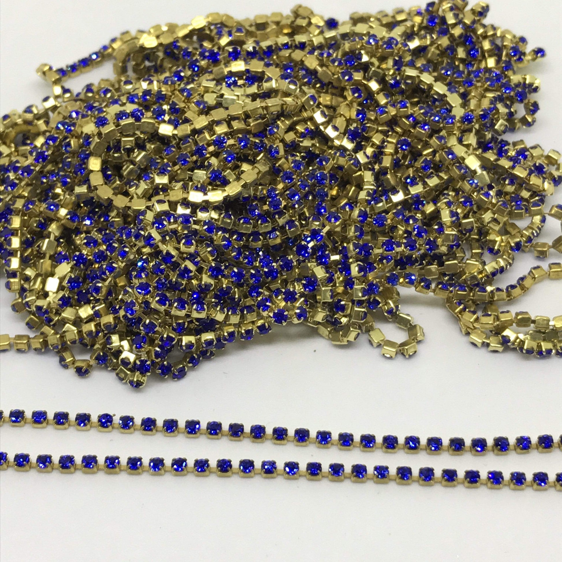 Ss6 Cobalt Blue on GOLD Metal Rhinestone Chain (Sold in 36") SS6 Metal Rhinestone Chain