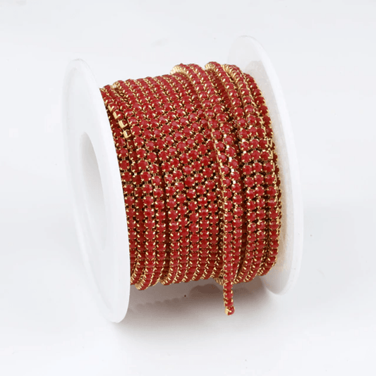 Ss6 Dark Red Brown Acrylic, Gold Metal Rhinestone Chain (Sold in 36") SS6 Metal Rhinestone Chain