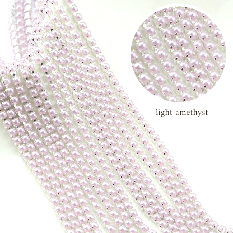 Sundaylace Creations & Bling SS6 Metal Rhinestone Chain Ss6 Light Amethyst-Pink Pearl Stone, Silver Metal Rhinestone Chain