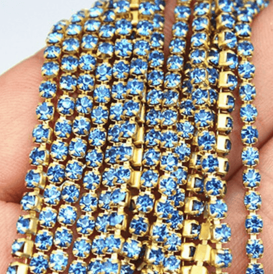 Ss6 Light Blue GOLD Metal Rhinestone Chain (Sold in 36") SS6 Metal Rhinestone Chain