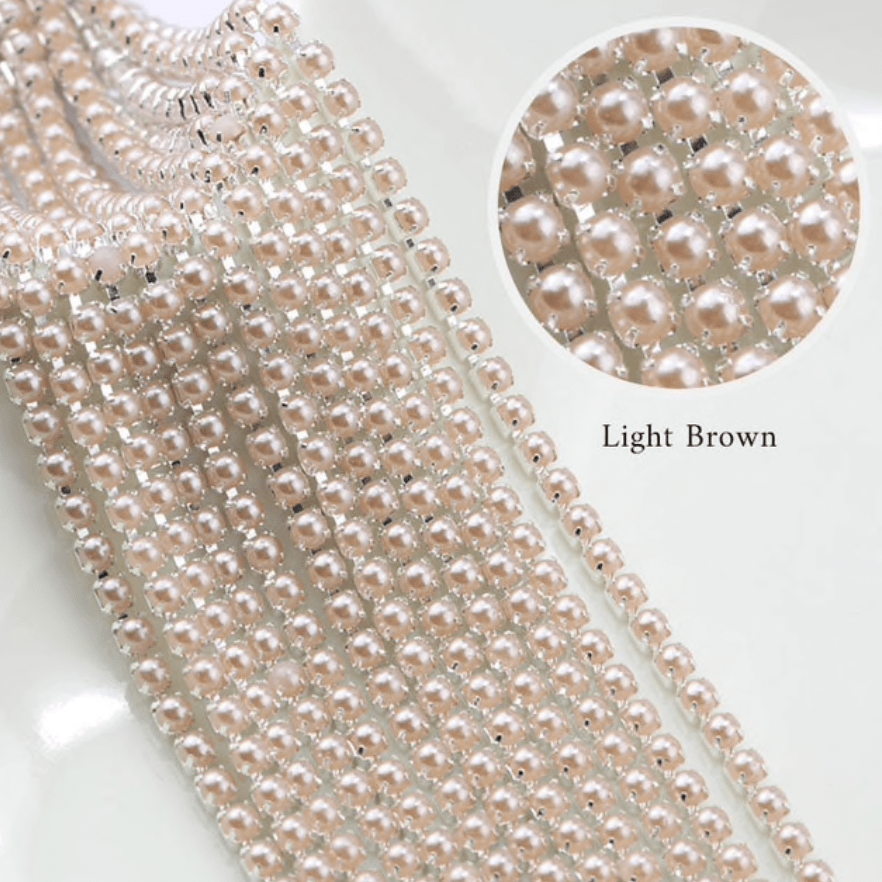 Sundaylace Creations & Bling SS6 Metal Rhinestone Chain Ss6 Light Brown-Beige Pearl Stone, Silver Metal Rhinestone Chain