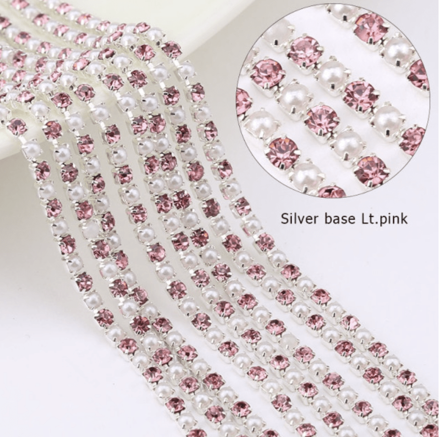Sundaylace Creations & Bling SS6 Metal Rhinestone Chain Light Pink/Pearl on Silver -ALTERNATING Ss6 Pink and Light Pink with Pearl, Alternating Stones Metal Rhinestone Chain