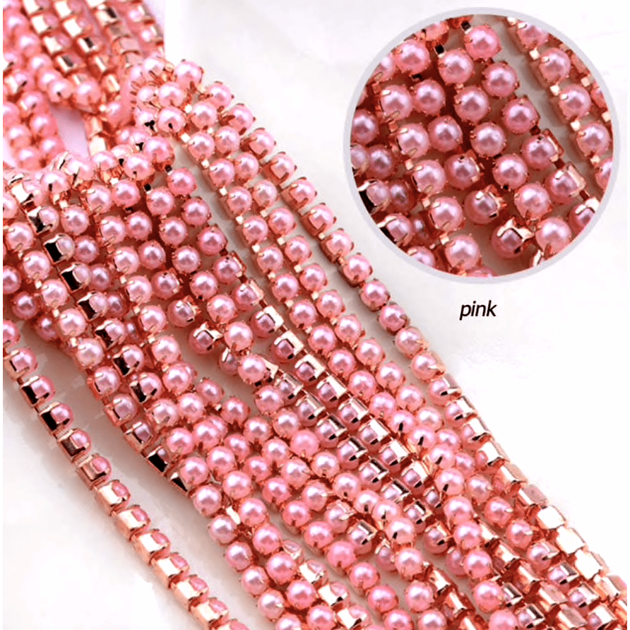 Sundaylace Creations & Bling SS6 Metal Rhinestone Chain Ss6 Pink Pearl Stone in Rose Gold Metal Chain, Rhinestone Metal Chain