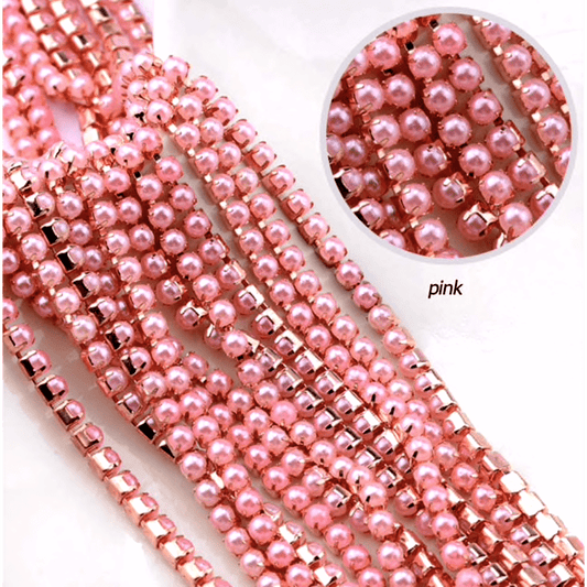 Sundaylace Creations & Bling SS6 Metal Rhinestone Chain Ss6 Pink Pearl Stone in Rose Gold Metal Chain, Rhinestone Metal Chain