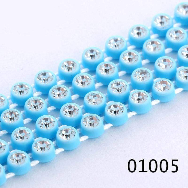Sundaylace Creations & Bling Ss6 Plastic Rhinestone Banding Rope Sky Blue Ss6 Plastic Rhinestone Banding Chain Rope, CLEAR cut on various colours, Sold in yard