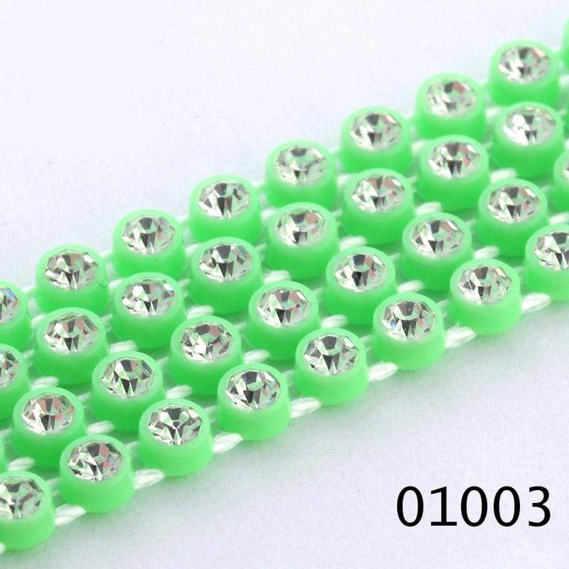 Sundaylace Creations & Bling Ss6 Plastic Rhinestone Banding Rope Neon Green Ss6 Plastic Rhinestone Banding Chain Rope, CLEAR cut on various colours, Sold in yard