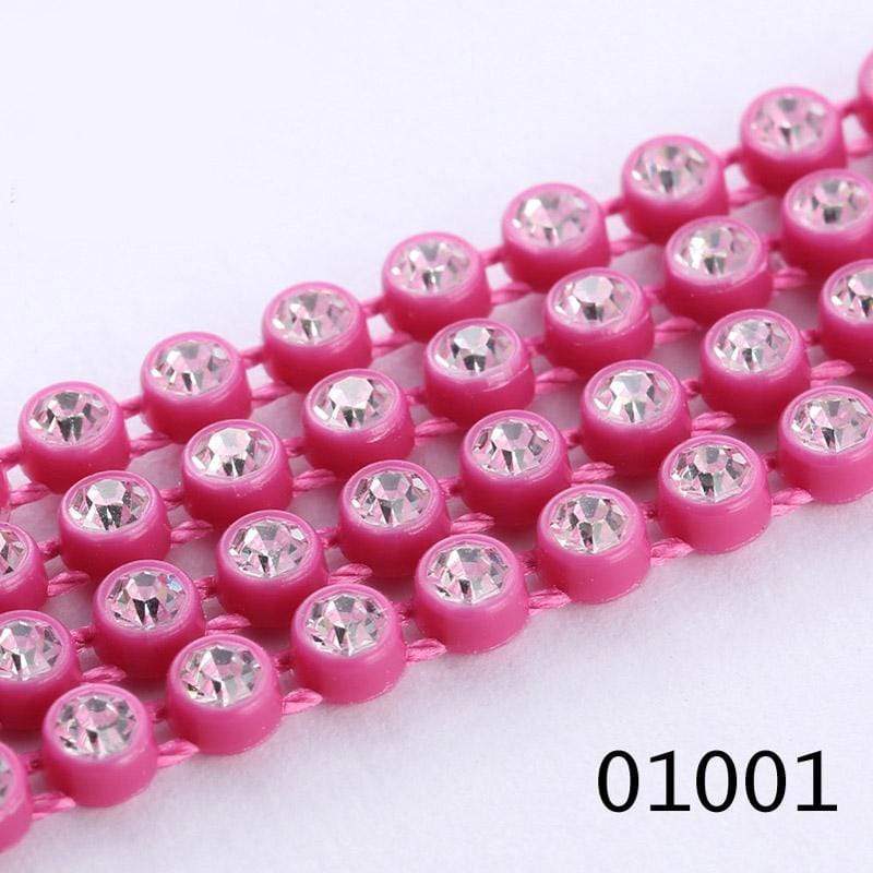 Sundaylace Creations & Bling Ss6 Plastic Rhinestone Banding Rope Dark Pink Ss6 Plastic Rhinestone Banding Chain Rope, CLEAR cut on various colours, Sold in yard