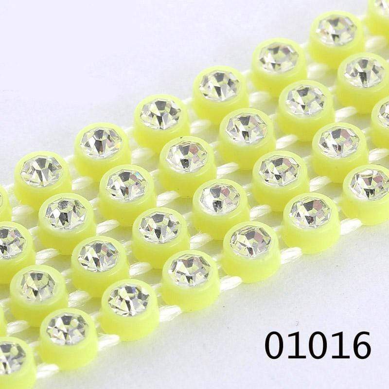 Sundaylace Creations & Bling Ss6 Plastic Rhinestone Banding Rope Neon Yellow Ss6 Plastic Rhinestone Banding Chain Rope, CLEAR cut on various colours, Sold in yard