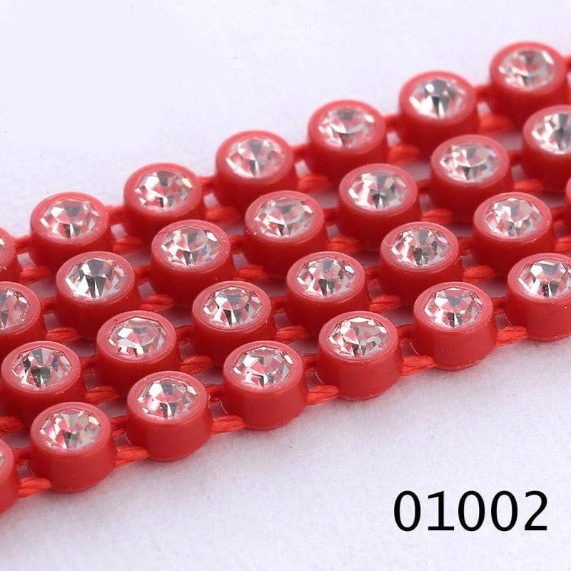 Sundaylace Creations & Bling Ss6 Plastic Rhinestone Banding Rope Red Ss6 Plastic Rhinestone Banding Chain Rope, CLEAR cut on various colours, Sold in yard