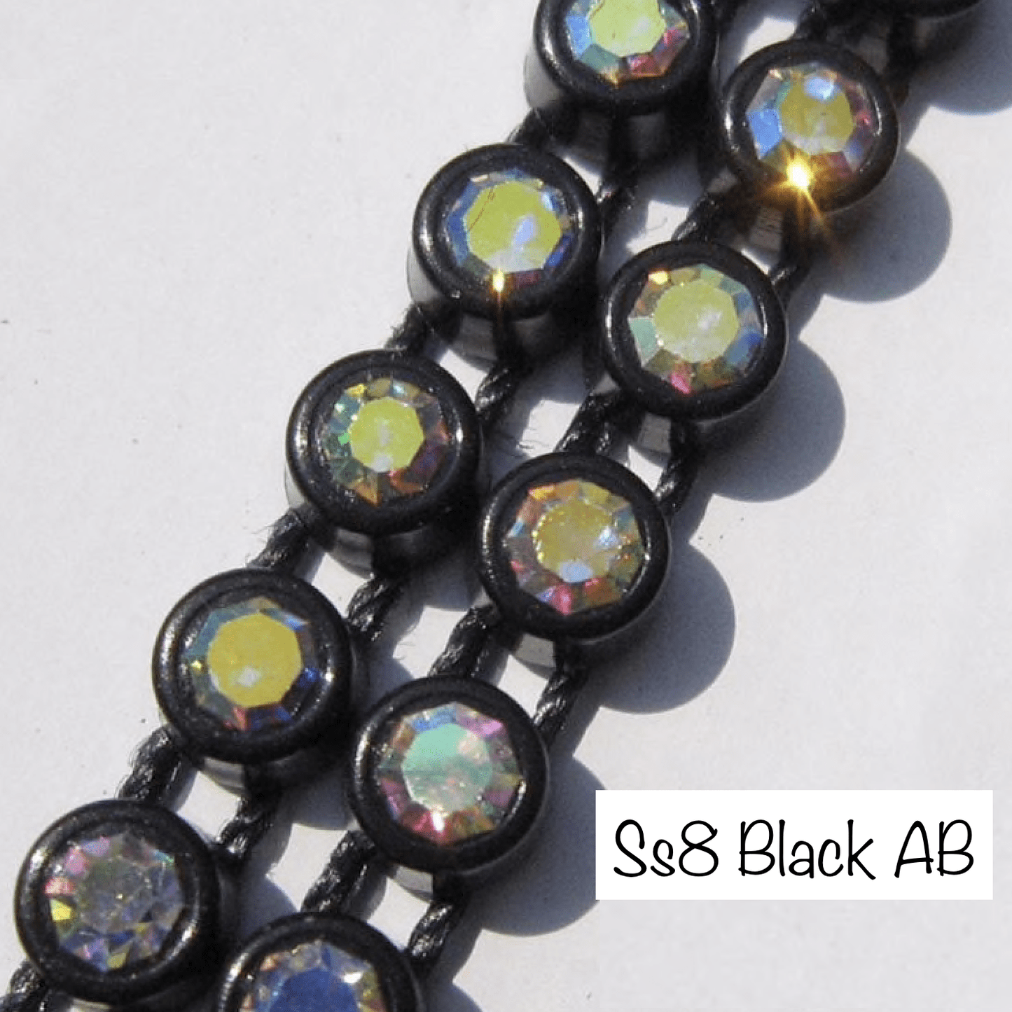 Sundaylace Creations & Bling Ss8 Plastic Rhinestone Banding Rope SS8 Plastic Rhinestone Chain Banding, Black AB, Plastic Rhinestone Plastic Chain Rope Banding, Sold in Yard