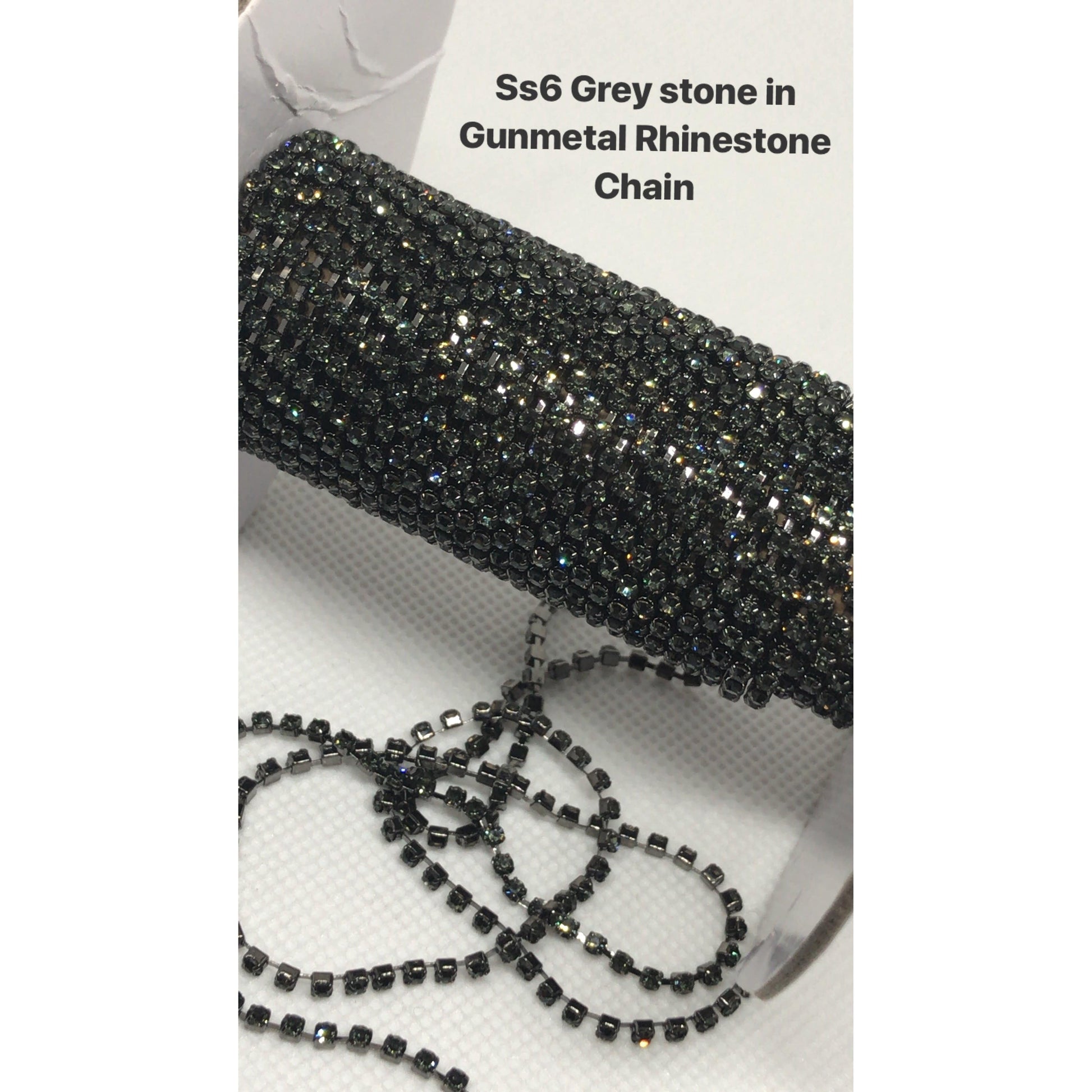 Sundaylace Creations & Bling SS6 Metal Rhinestone Chain Ss6 & Ss12 Grey Stone in Gunmetal Metal Rhinestone Chain