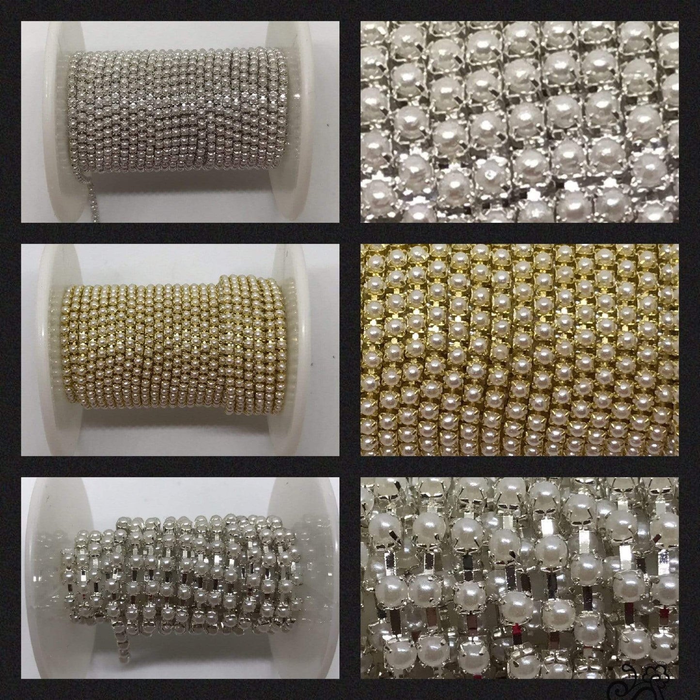 Sundaylace Creations & Bling SS6 Metal Rhinestone Chain Ss6 & Ss12 White/Ivory Pearl Stone,  Silver or Gold Metal Rhinestone Chain