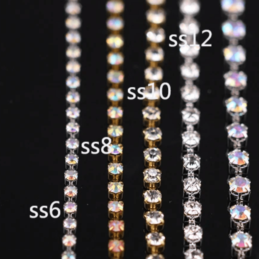 Ss6, Ss8, Ss10, Ss12, & Ss16 AB Crystal Stone in Gold Metal Rhinestone Chain (Sold in 36") SS6 Metal Rhinestone Chain