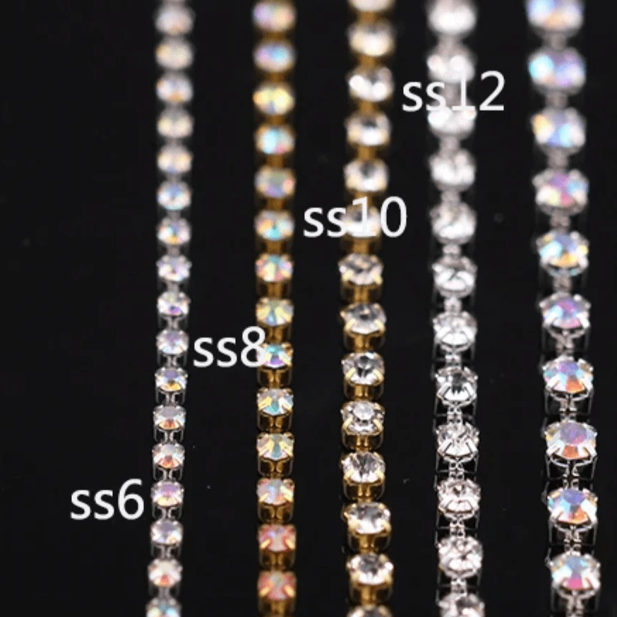 Ss12 Rhinestone Size Ss6, Ss8, Ss10, Ss12 AB Crystal Stone in Gold Metal Rhinestone Chain ...