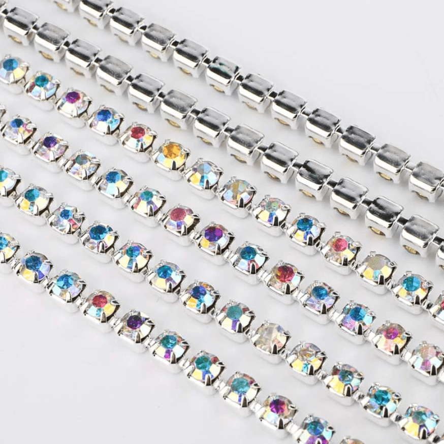 Ss10 AB Silver - SPARSE Ss6, Ss8, Ss10, Ss12, & Ss16 AB Crystal Stone in Silver Metal Rhinestone Chain (Sold in 36") SS6 Metal Rhinestone Chain