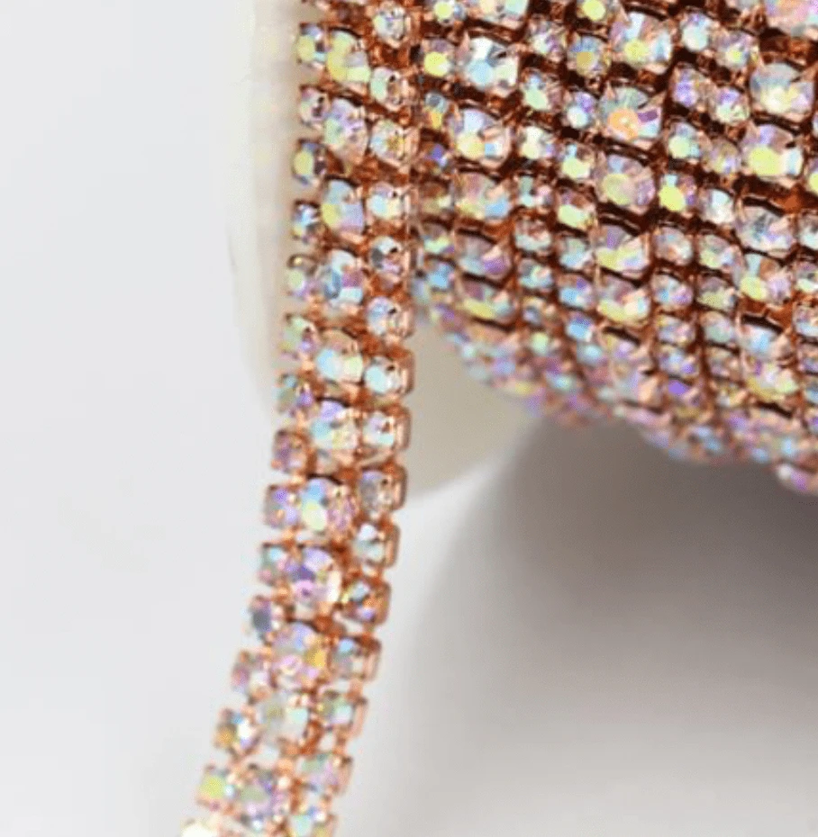 SS8-SS16-SS8 THREE ROW AB in ROSE GOLD Metal Rhinestone Chain *NEW* (S ...